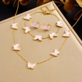 Parure de bijoux papillon dorés avec pendentifs rose irisé et chaîne en acier inoxydable - Ensemble Collier Bracelet et Boucles d'Oreilles 3 Pièces (N3905 B1888)