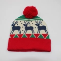 Knitted Christmas hat for children featuring a colorful elk pattern and red pompom - Hat Style 68 (Red Green Beige Elk)