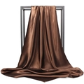 Deep brown satin square scarf with high-gloss silk finish displayed on a black stand - Coffee