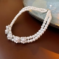 Double-layered vintage pearl necklace with diamond flower charms and golden lobster clasp - Rhinestone Artificial Pearl Flower Double Layer Style