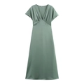 Macro detail of sage green satin midi dress showing V-neck and ruched fabric texture - XS / Dresses / Green