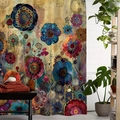 Bohemian mandala flower shower curtain in gold and indigo with twelve hanging hooks - 140x180cm / Bohemian Floral