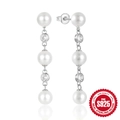 Elegantes pendientes colgantes de plata S925 con borlas largas, perlas blancas y circonitas - Oro Blanco