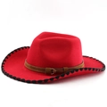 Close-up of red felt cowboy hat featuring brown suede band and black stitched edge - M (56-58cm) / Red With Black Edge
