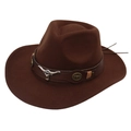 Deep brown felt western cowboy hat featuring a leather band with metal bull head accents - M (56-58cm) / Coffee (Peach Cow + Brown Bull Head)
