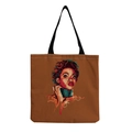 Close-up of reusable brown canvas tote bag with artistic printed female portrait - Brown Style-Afro Lady Portrait-Art Texture
