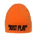 Bright orange knit beanie with black JUST PLAY embroidery on the folded cuff - M (56-58cm) / Orange