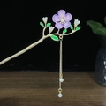 Traditionelle goldene Haarnadel mit lila Blume, grünen Blättern und Perlenquasten - Lila Fünfblättrige Blume Künstliche Perle Quaste (0183)