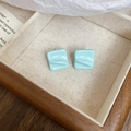 Light blue square tulip stud earrings with wave texture in a wooden jewelry box - 16# Light Blue Wave Texture Square Studs