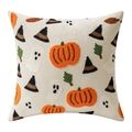 Halloween pillow cover with embroidered pumpkin and ghost patterns on beige fabric - Square (Cover Only) / Halloween (Beige)