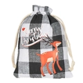 Christmas buffalo plaid gift bag with reindeer print and white drawstring closure - B&W Plaid - Reindeer & Text