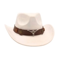 Weißer Cowboyhut aus Wildleder mit braunem Lederband und silbernem Stierkopf-Detail - Einheitsgröße / Beige