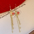 Red enamel dragon tassel earrings in gold finish with sparkling white zircon stones - Ear Hook - Gold - Red Dragon Tassel