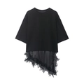 Women's black short sleeve crew neck T-shirt with irregular lace splicing hem - S / Black