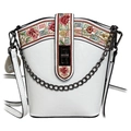 Weiße Beuteltasche aus Kunstleder mit Blumenstickerei und dunkler Metallkette - Weiß