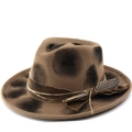 Vintage brown felt fedora hat with black polka dots and bohemian feather trim on white background - M(56-58cm) / Brown Irregular Black Polka Dot Style (05)