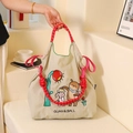 Beige Ball Chain canvas tote bag with colorful embroidery and red rope handles - Light Grey Rabbit and Bear (Without Strap)