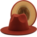 Two-tone wool felt fedora hat in rust red and khaki with wide brim for men and women - Caramel/Camel