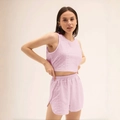 Lichtroze tweedelige loungewear set voor dames met opengewerkte top en korte broek - S / Roze
