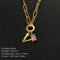 14K gold plated stainless steel V letter necklace with pink zircon pendant charm - Letter V