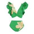 Floral print two-piece swimsuit in green with ruffle shoulders and high waist bottoms - Ruffle Bikini Two-Piece Swimsuit Set