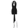 Slim fit black halter mini dress with deep V-neck, ruched texture, and long waist streamers - S / Black