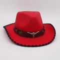 Red wool fedora hat with brown leather band and silver bull head metal ornament - One Size / Red Black Edge (Brown Bull Head)