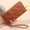 Brown long quilted wallet with heart embroidery and wristlet strap for women - Brown