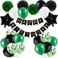 Set decorazioni compleanno calcio con palloncini verde nero oro e pompon di carta - Set di compleanno verde calcio