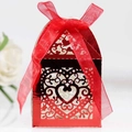 Laser-cut heart wedding favor box in shiny red finish with red chiffon ribbon - Reflective Bright Red