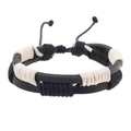 Bracciale vintage da uomo in pelle con filo cerato intrecciato a mano e onde intrecciate - Pelle Nera Filo Bianco e Nero