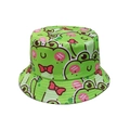 Leuke groene zonnehoed met cartoon kikkerpatronen en roze blos details voor dames - Felgroen Strik Detail Kikker (C)
