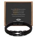 Detail view of black woven leather bracelet for men with infinite symbol and gift card - To My Brother + Engraving Love You Forever