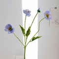 Light blue artificial poppy silk flower stem with three blooms and two buds in glass vase - Light Blue
