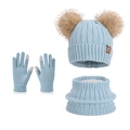 Light blue kids winter set with faux fur double pompom hat, scarf and touchscreen gloves - Three-Piece Set / Light Green