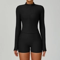 Slim fit black ribbed yoga set featuring a zip-up jacket and high waist gym shorts - S / Premium Black