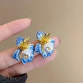 Blaue Blumen-Ohrstecker mit Goldakzenten und zentraler Perle für Damen - 39# Silberohrstecker-Gold-Blau