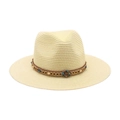 Beige straw fedora with ethnic woven band featuring blue beads and gemstone detail - Cream