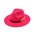 Elegant rose red wool felt fedora hat featuring a black ribbon and gold leaf ornament - M (56-58cm) / Rose Red