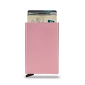 Pink metal RFID blocking credit card holder with automatic pop-up sliding mechanism - Rose Gold