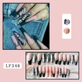 Detail of long coffin nails featuring butterfly patterns, pink gradient and gold glitter - LF346 Pink Black French Silver Butterfly