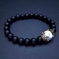 Matte black beaded bracelet with white turquoise stone and vintage golden crown charm - Matte White Turquoise 01