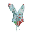 Floral print one-piece swimsuit in light blue with ruffle v-neck and waist tie design - S / Single Ruffle One-Piece Swimsuit