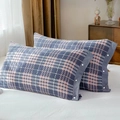 Pair of dark blue and pink checkered cotton gauze pillowcases with button closure - Pink Plaid