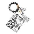 Mama cow print silicone bead keychain wristlet with leather card holder and tassel - Black White Cow Print