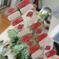 Self-adhesive waterproof nail stickers in red and beige with glitter accents - Red Beige Sequin Decoration Style (SS-074)