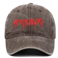 Detailed view of red AFTER HOURS 3D embroidery on dark grey washed cotton baseball cap - One Size / Coffee