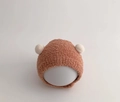 Brick red plush baby ear protection hat with white double pompoms and warm fleece texture - Cap circumference 40-48cm, suitable for 3-18 months / Small Ball Caramel