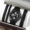 Men's calendar quartz watch with black canvas strap and 3-piece bracelet gift set - Black Zirconia Set