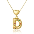 Detail of gold letter D pendant with multi-color stones and heart clasp on chain - Letter D